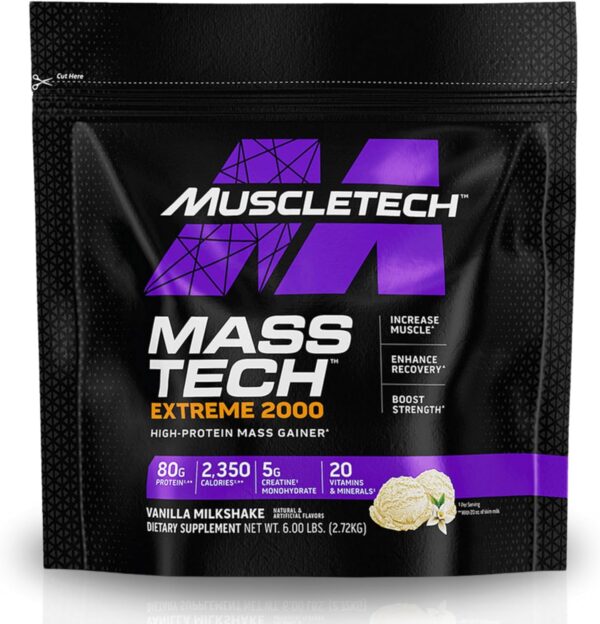 MuscleTech Mass Tech Extreme 2000 Ultimate 100% Muscle Builder Whey Protein Mass Gainer with 80 grmas Protein, 10 grams Creatine & 20 grams Vitamins & Minerals for Men & Women, Vanilla Flavor 6.00 lbs