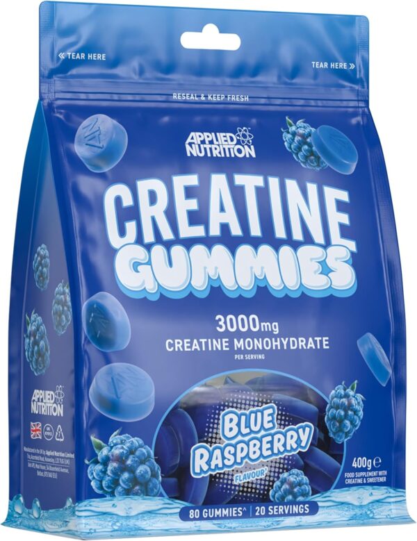 Applied Nutrition Creatine Gummies - 3000mg Creatine Monohydrate per Serving - 80 Chewable Vegan Gummies for Strength, Power & Recovery (20 Servings) (Blue Raspberry)