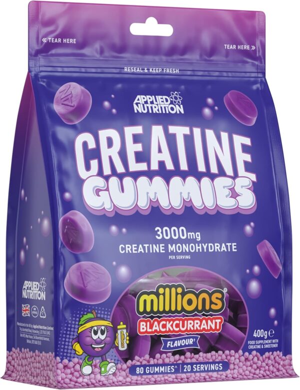 Applied Nutrition Creatine Gummies - 3000mg Creatine Monohydrate per Serving - 80 Chewable Vegan Gummies for Strength, Power & Recovery (20 Servings) (Blackcurrant Millions)