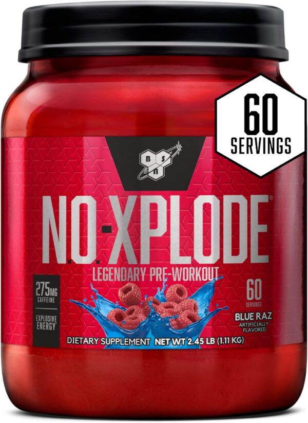 BSN N.O.-XPLODE Pre Workout Powder, Energy Supplement for Men and Women with Creatine and Beta-Alanine, Flavor: Blue Raz, 60 Servings