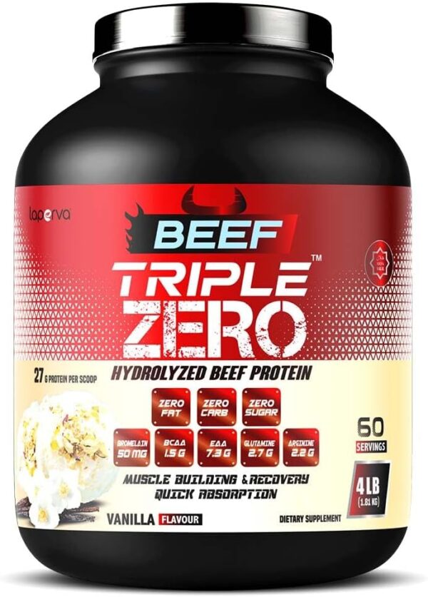 Laperva Beef Triple Zero Hydrolyzed Protein Powder - ZERO FAT, CARB & SUGAR - 86% Protein - With BCAA & Glutamine - Muscle Growth Recovery & Digestive Support (4 LB, Vanilla)