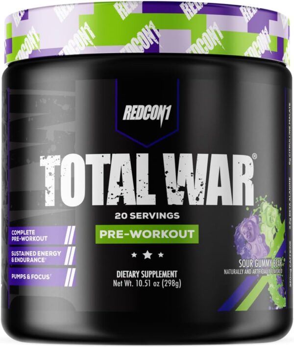 REDCON1 Total War Pre Workout Powder, Sour Gummy Bear - Fast Acting Caffeine Pre-Workout for Men and Women with Beta-Alanine - Contains Citrulline Malate to Increase Pumping & E